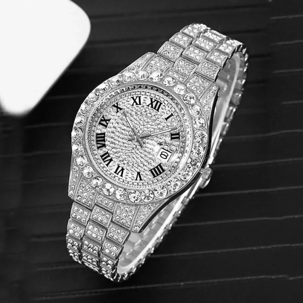Men's Diamond Silver Big Rocks Roman Numerals Fully Iced Out Colorful Dial Watch